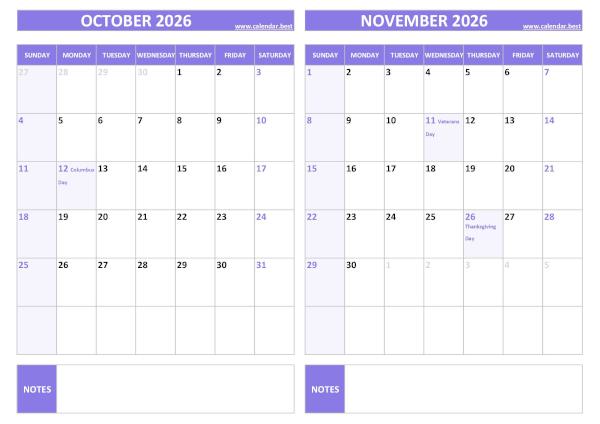 October and November 2026 calendar with US holidays, A4 landscape, purple template