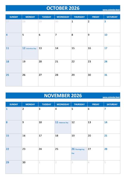 October and November 2026 calendar with US holidays, A4 portrait, blue template