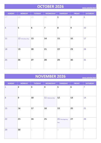 October and November 2026 calendar with US holidays, A4 portrait, purple template