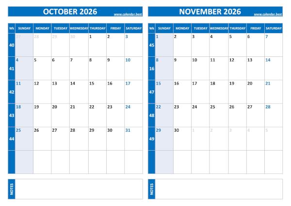 October and November 2026 calendar with week numbers, A4 landscape, blue template