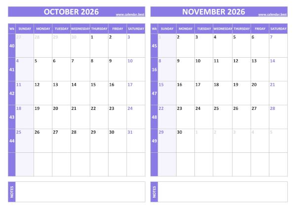 October and November 2026 calendar with week numbers, A4 landscape, purple template