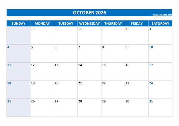 October 2026 calendar printable, free download, blue template October calendar 2026