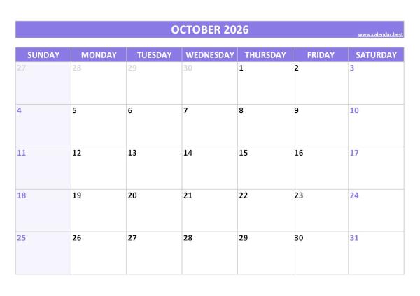 Blank monthly calendar : October 2026