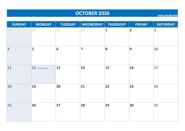October 2026 calendar printable with federal holidays, free download, blue template October calendar 2026 with holidays