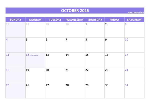 Printable monthly calendar with holidays, Month of October 2026, purple template October 2026 calendar with holidays