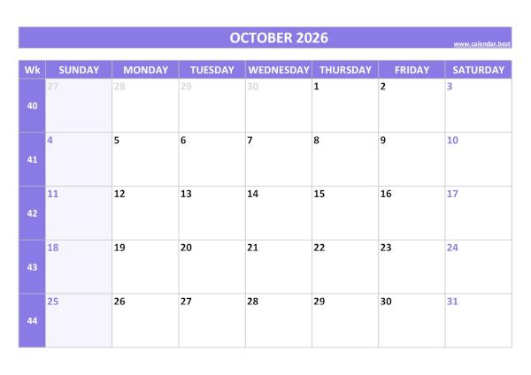 October 2026 calendar with weeks