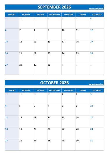 September and October 2026 calendar, blank, A4 portrait, blue template
