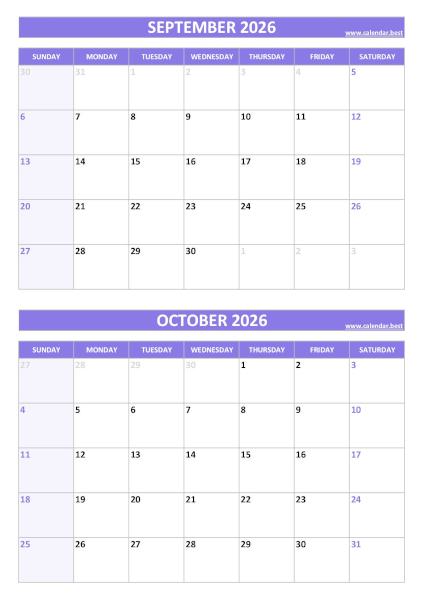 September and October 2026 calendar, blank, A4 portrait, purple template