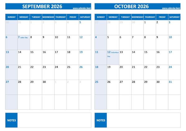 September and October 2026 calendar with US holidays, A4 landscape, blue template