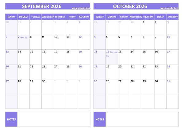 September and October 2026 calendar with US holidays, A4 landscape, purple template