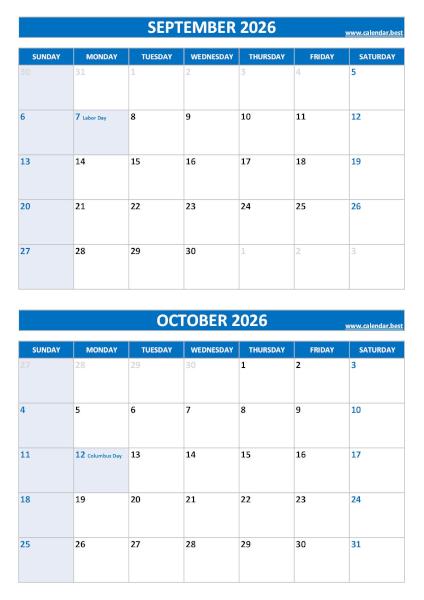 September and October 2026 calendar with US holidays, A4 portrait, blue template