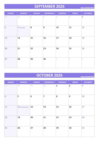 September and October 2026 calendar with US holidays, A4 portrait, purple template