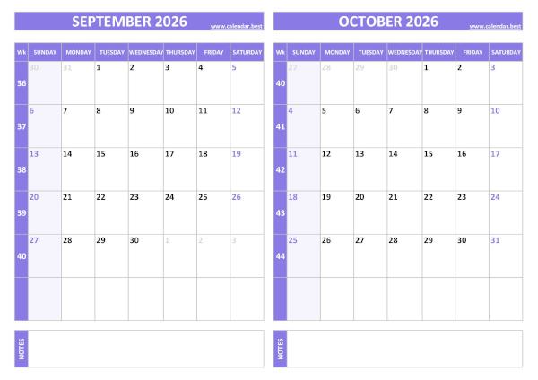 September and October 2026 calendar with week numbers, A4 landscape, purple template
