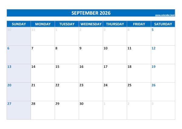 Blank monthly calendar : September 2026