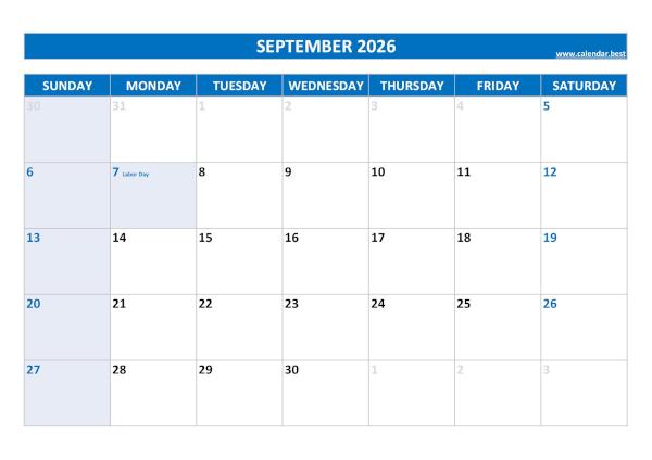 September 2026 calendar with holidays