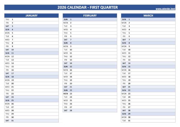 Printable 2026 quarterly calendar for 1st quarter 2026