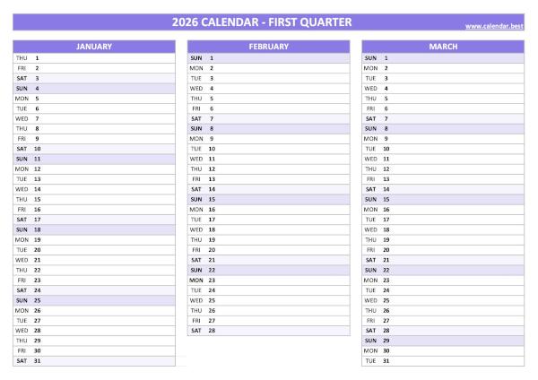 Blank calendar for first quarter 2026