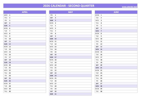 Blank calendar for second quarter 2026