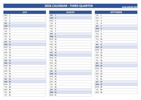 Blank calendar for third quarter 2026