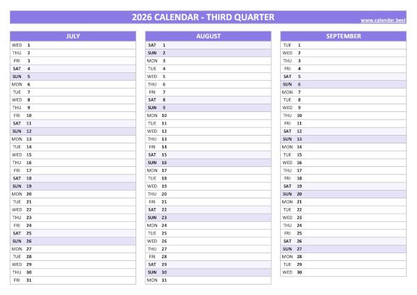 Blank calendar for third quarter 2026