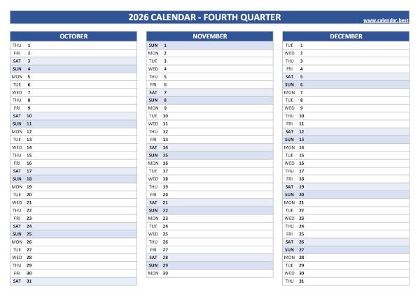 Blank calendar for fourth quarter 2026