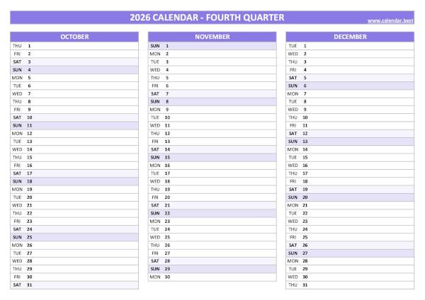 Blank calendar for fourth quarter 2026