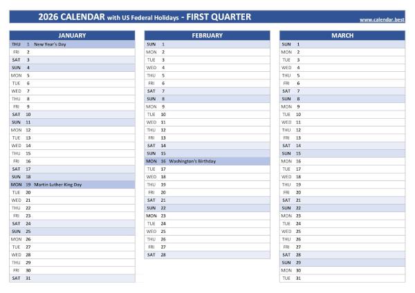 Printable 1st quarter 2026 calendar with public holidays, blue template Calendar for the first quarter of 2026 with public holidays