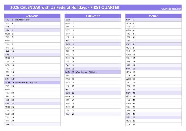 Printable 1st quarter 2026 calendar with public holidays, purple template Calendar for the first quarter of 2026 with public holidays