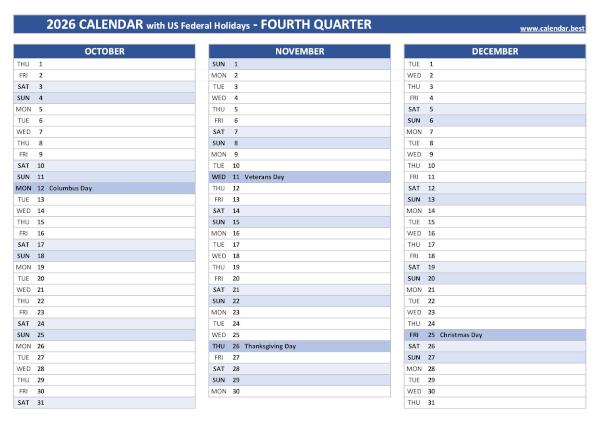 Calendar for the fourth quarter of 2026 with public holidays