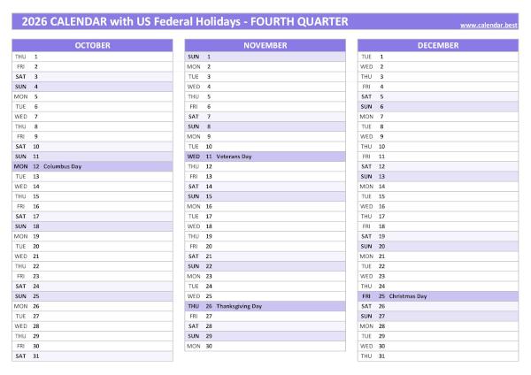 Calendar for the fourth quarter of 2026 with public holidays