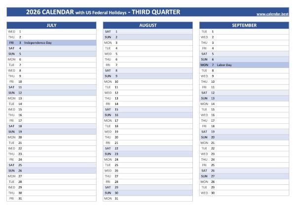 Printable 3rd quarter 2026 calendar with public holidays, blue template Calendar for the third quarter of 2026 with public holidays
