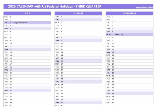 Printable 3rd quarter 2026 calendar with public holidays, purple template Calendar for the third quarter of 2026 with public holidays