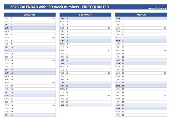 Printable 1st quarter 2026 calendar with iso week numbers, blue template Calendar for the first quarter of 2026 with iso week numbers