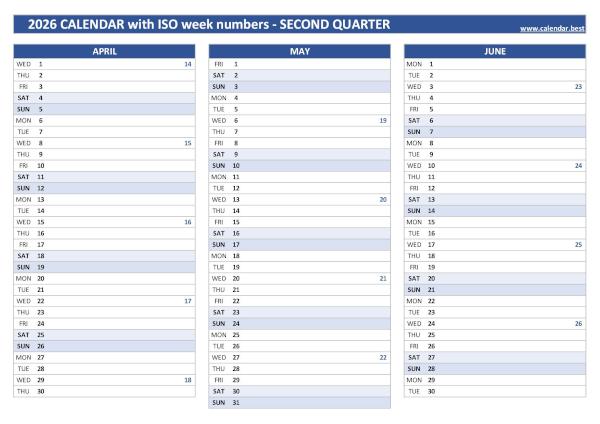 Calendar for the second quarter of 2026 with iso week numbers