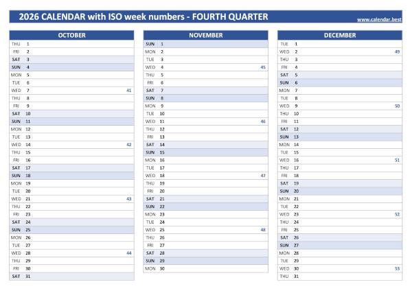 Calendar for the fourth quarter of 2026 with iso week numbers