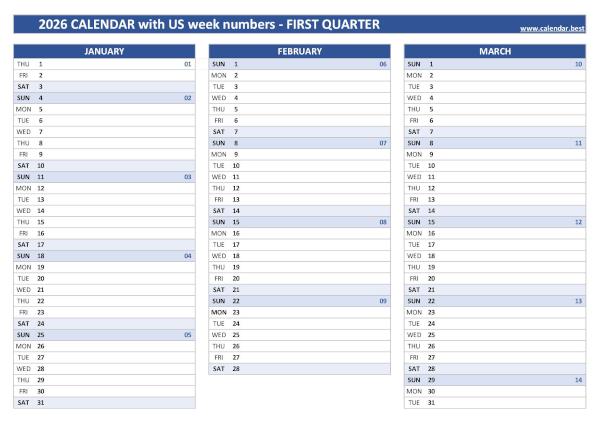 Printable 1st quarter 2026 calendar with us week numbers, blue template Calendar for the first quarter of 2026 with week numbers