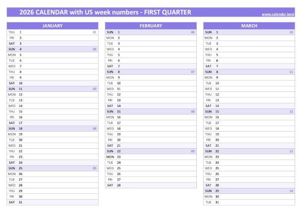 Printable 1st quarter 2026 calendar with us week numbers, purple template Calendar for the first quarter of 2026 with week numbers