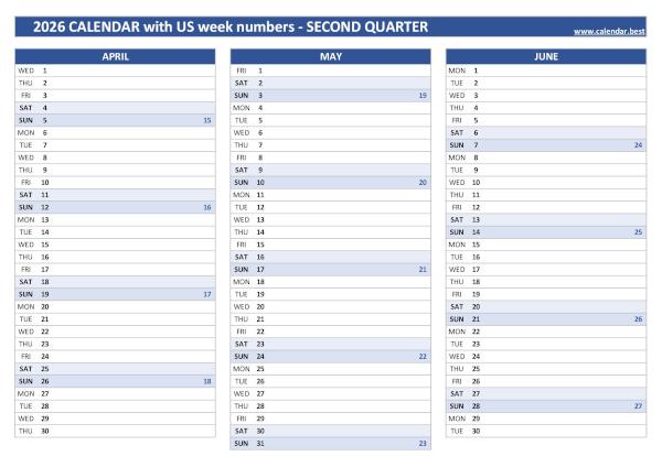 Calendar for the second quarter of 2026 with week numbers