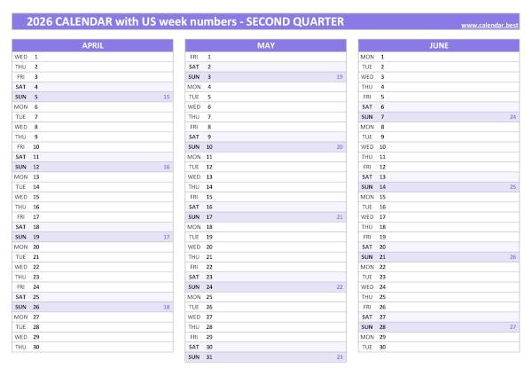 Calendar for the second quarter of 2026 with week numbers