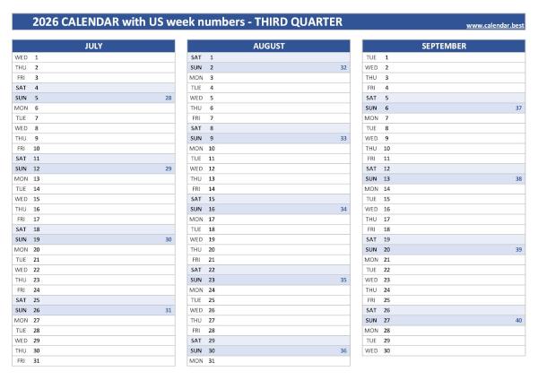 Printable 3rd quarter 2026 calendar with us week numbers, blue template Calendar for the third quarter of 2026 with week numbers