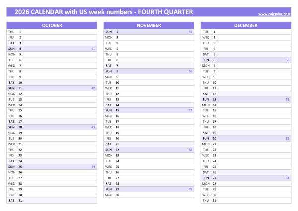 Calendar for the fourth quarter of 2026 with week numbers