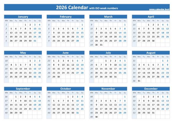 2026 calendar with ISO week numbers.