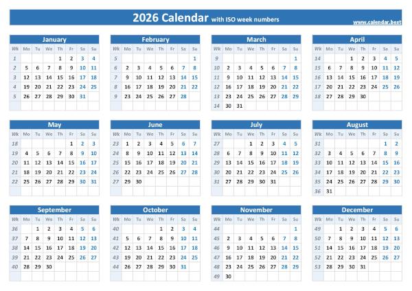 Printable 2026 calendar with week numbers, free download, landscape A4 version, blue template. 2026 calendar with week numbers.