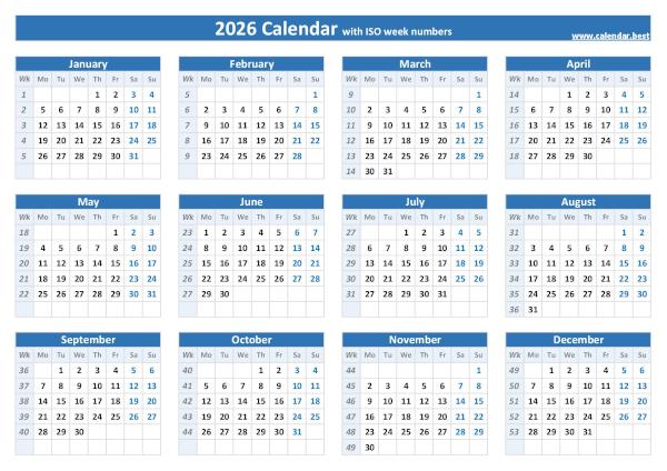 2026 calendar with week numbers.