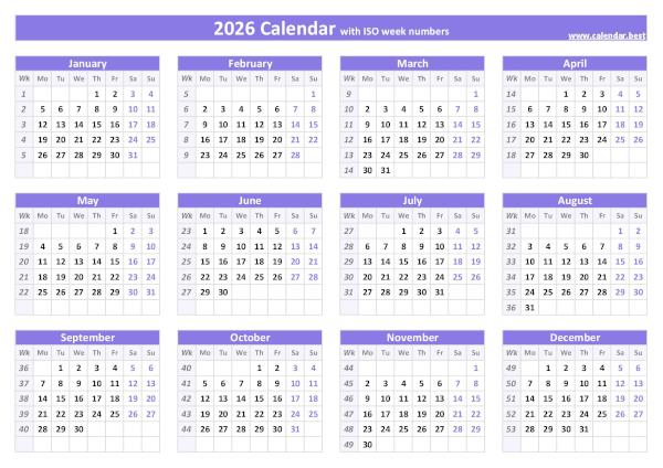 2026 calendar with week numbers.