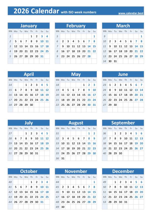 2026 calendar with ISO weeks, blue template