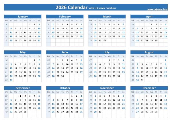 2026 calendar with week numbers.