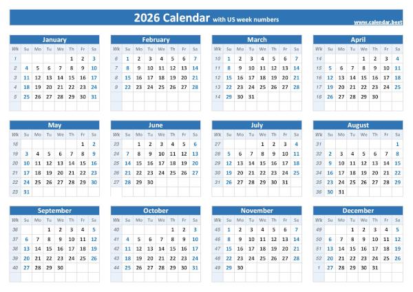 Weeks calendar 2026.