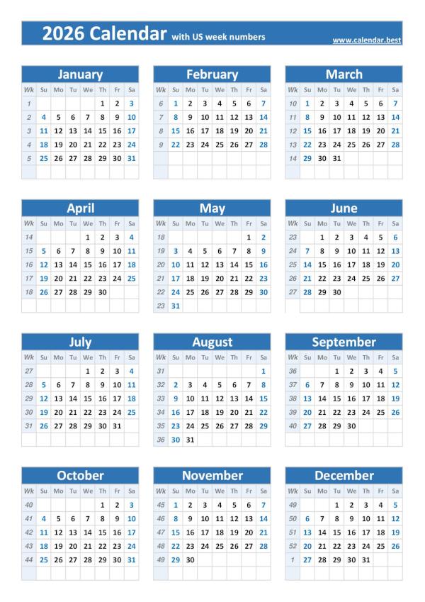 Printable 2026 calendar with US weeks, free dowload in pdf or jpg, portrait format, blue template. 2026 calendar with US weeks, blue template