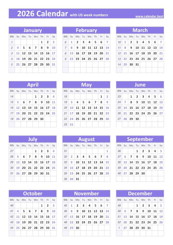 Printable 2026 calendar with US weeks, free dowload in pdf or jpg, portrait format, purple template. 2026 calendar with US weeks, purple template